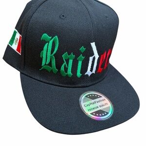 Black Snapback Hat with Mexican Flag and Tricolor 'Raider' Script Raiders hat